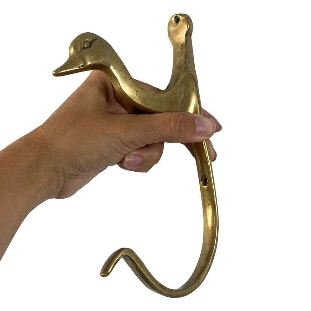 Vintage 70s Heavy Brass Duck Goose Head Wall Hooks 7